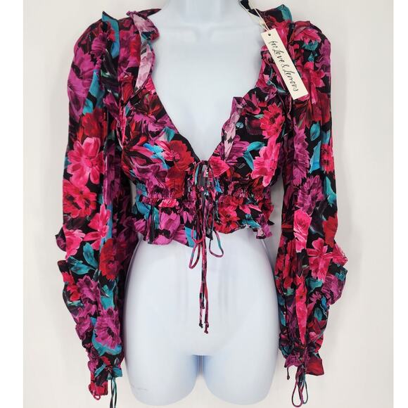 For Love & Lemons Scarlett Floral Ruffle Crop Top Pink Multi XS - Picture 11 of 11